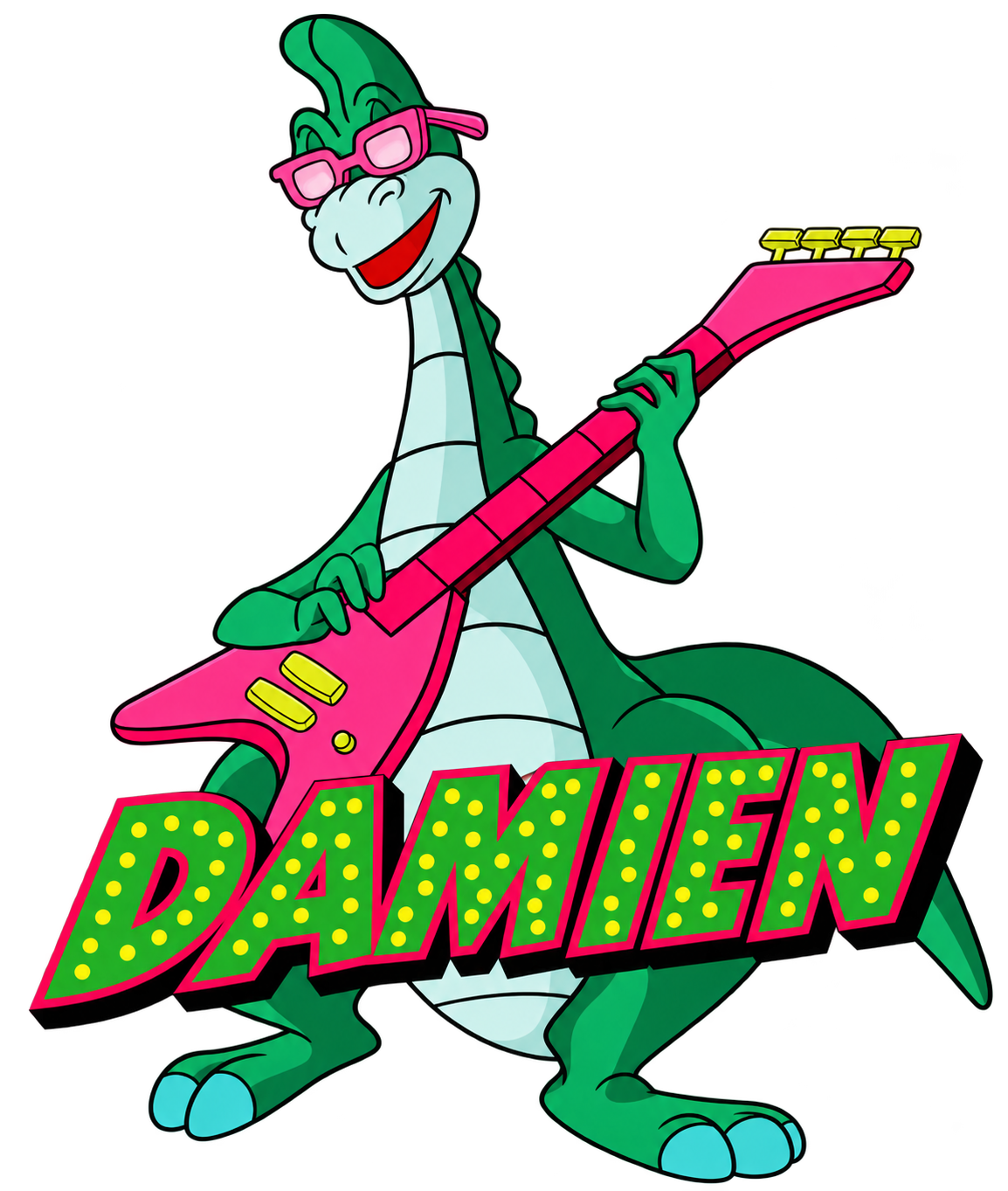 Denver, le dinosaure vert aux lunettes roses, joue de la guitare au-dessus du nom DAMIEN